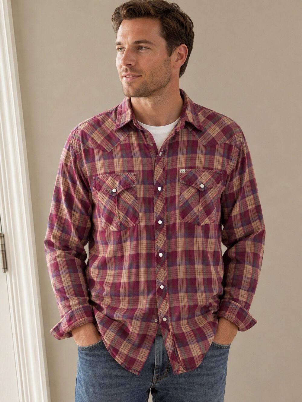 Salt Valley Western Mens XL Plaid Pearl Snap Shirt Burgundy Cotton Country